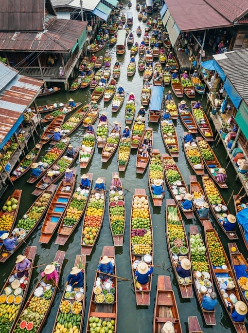Top-down view of a traditional floating market with boats laden with colorful fruits and vegetables