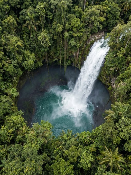 Top-down aerial of a waterfall plunging into a cenote, the circular hole in the jungle canopy