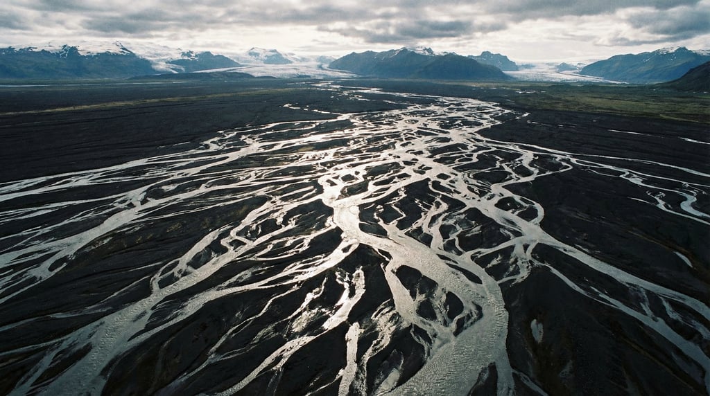 Wide aerial of a braided glacial river in Iceland