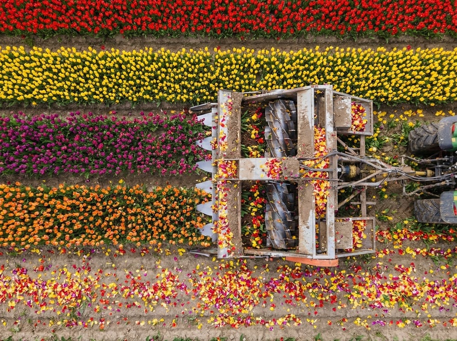 Drone view of a tulip field being harvested