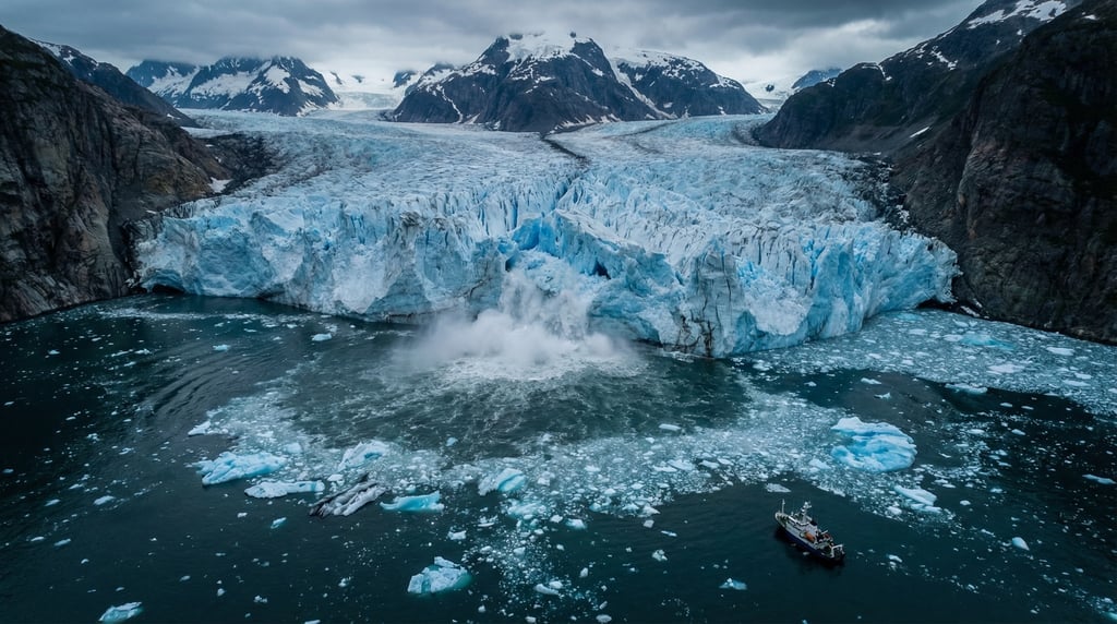 Wide drone view of a glacier terminus calving into a fjord