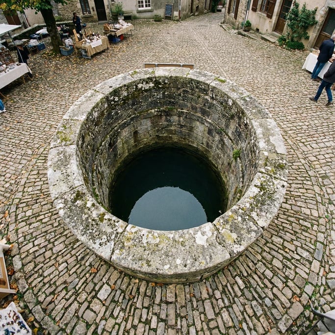 Overhead shot of a circular stone well in a village square from above