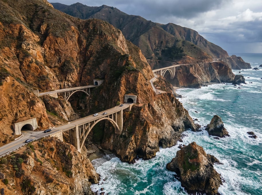 Aerial view of a mountainous coastal road with multiple tunnels and bridges