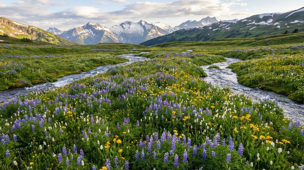 Wide aerial of a pristine alpine meadow in summer with wildflowers creating a carpet of purple