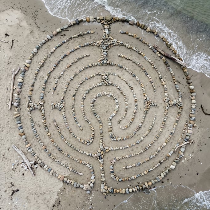 Overhead shot of a traditional stone labyrinth on a beach