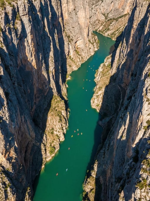 Top-down aerial of a deep gorge with a river running through it, sheer rock walls on both sides