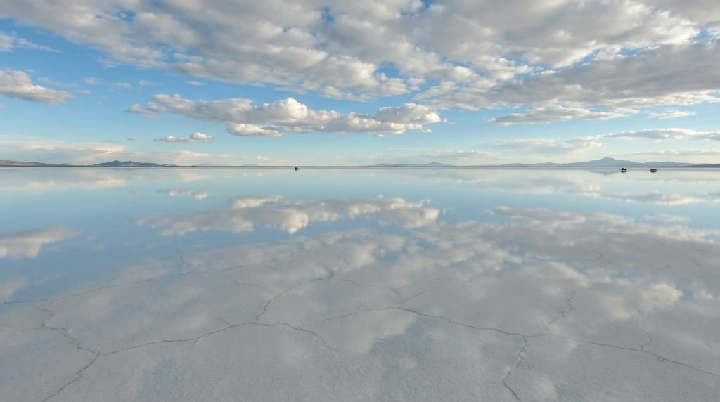 Wide aerial of salt flats stretching to the horizon