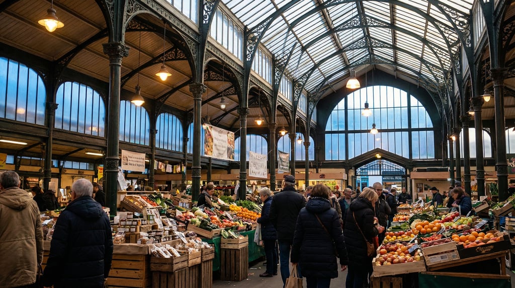 Covered market hall with cast iron columns and glass roof with colorful produce stacked in wooden cr