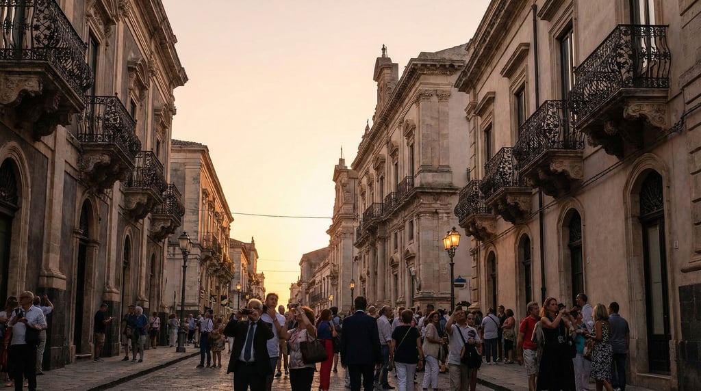 Grand Baroque boulevard with elaborate wrought-iron balcony railings with floral motifs, sunset