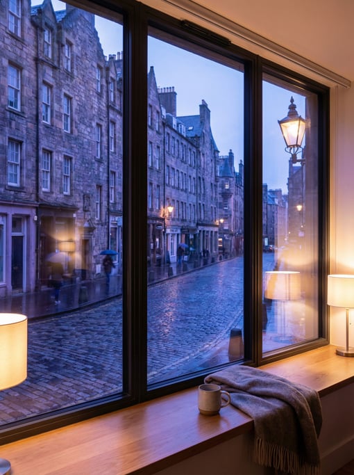 Looking out through a large floor-to-ceiling apartment window at a historic city street