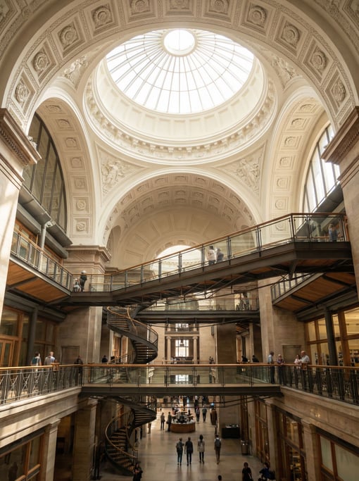 Soaring atrium with floating walkways inside a civic center