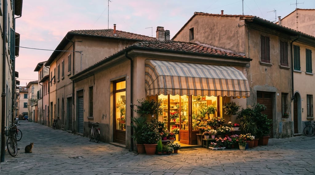Small flower shop on a quiet Mediterranean city side street