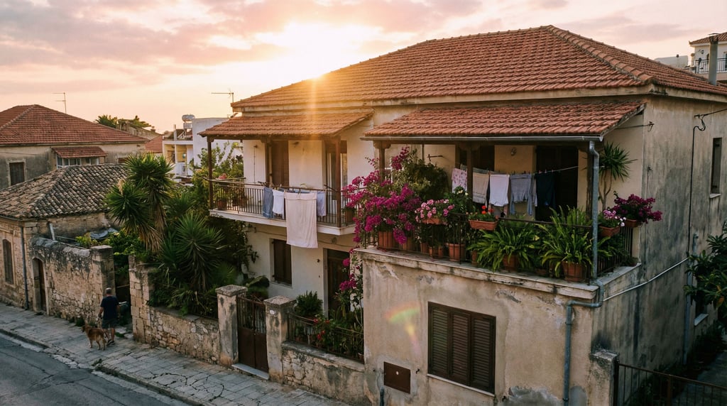 Mediterranean villa apartments with tile roofs in a tropical neighborhood