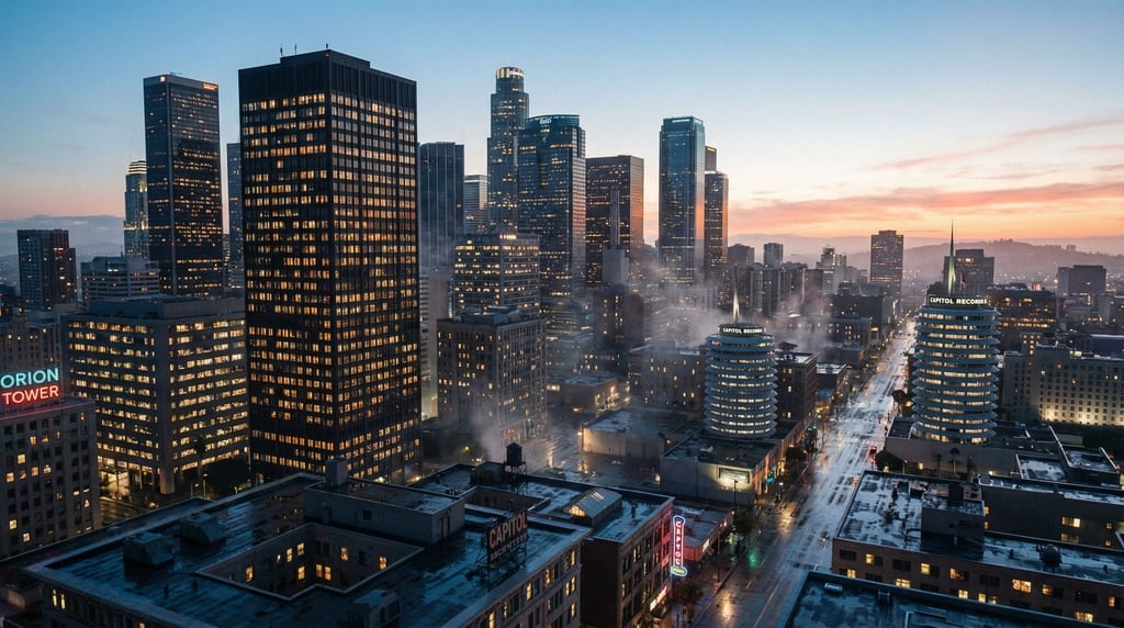 Sweeping panoramic view of a mid-century modern city skyline at early morning