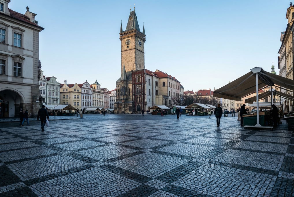 Market square with a historic clock tower in a European city