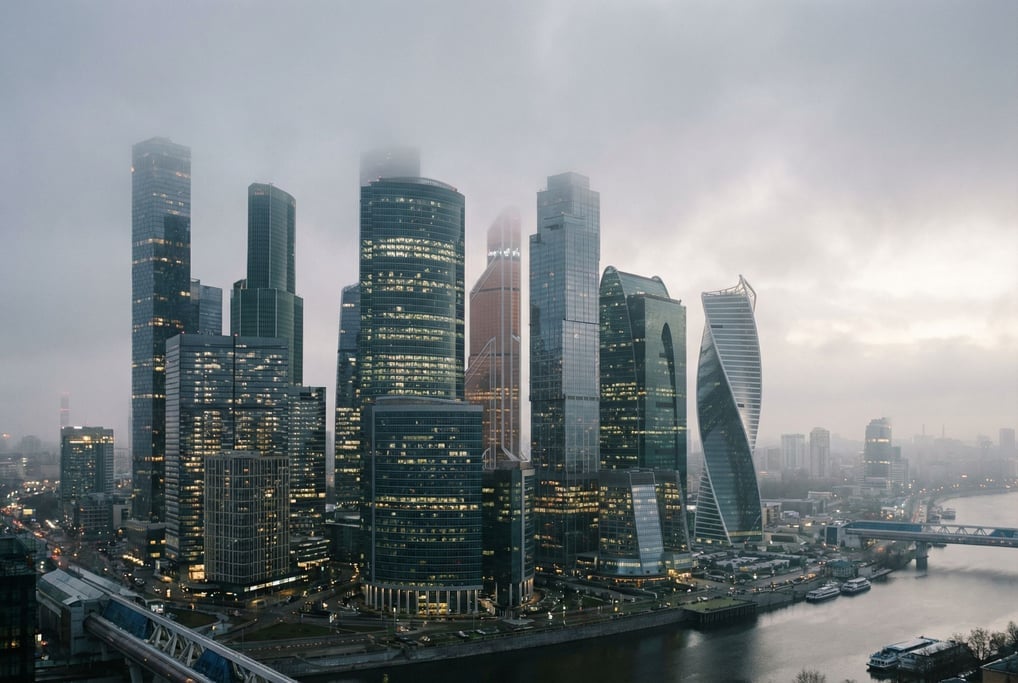 Sweeping panoramic view of a modern glass and steel city skyline at misty morning