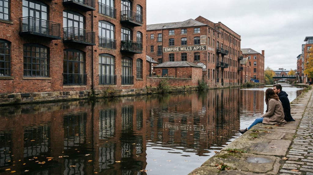 City canal lined with old brick warehouses converted to apartments, cloudy afternoon
