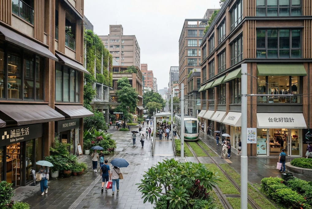 Pedestrian shopping street with boutiques in a Taipei