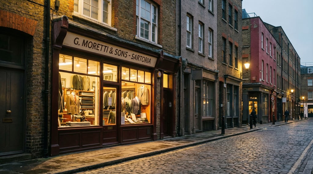 Tailor shop with suits in the window on a quiet industrial city side street