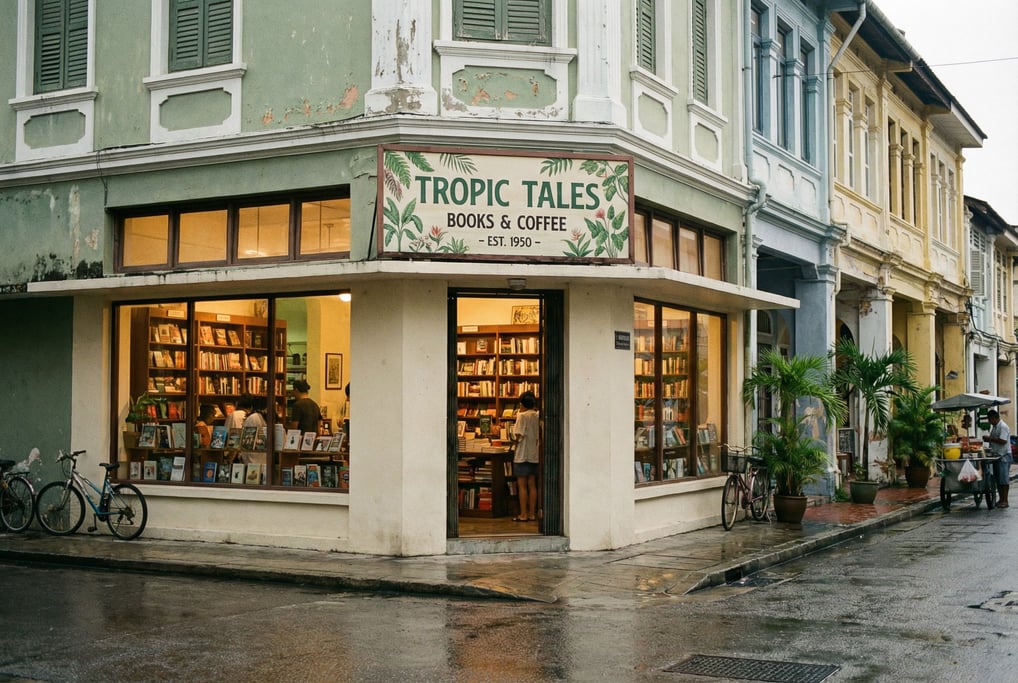 Corner bookshop on a quiet tropical city side street