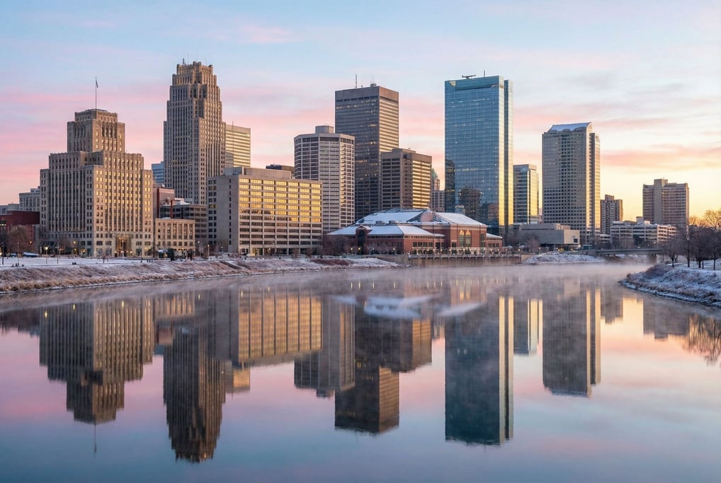 High-rise financial district city skyline reflected in a calm river at dawn