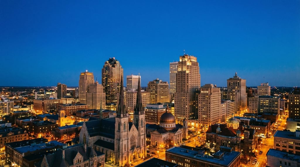 Sweeping panoramic view of a art deco city skyline at blue hour