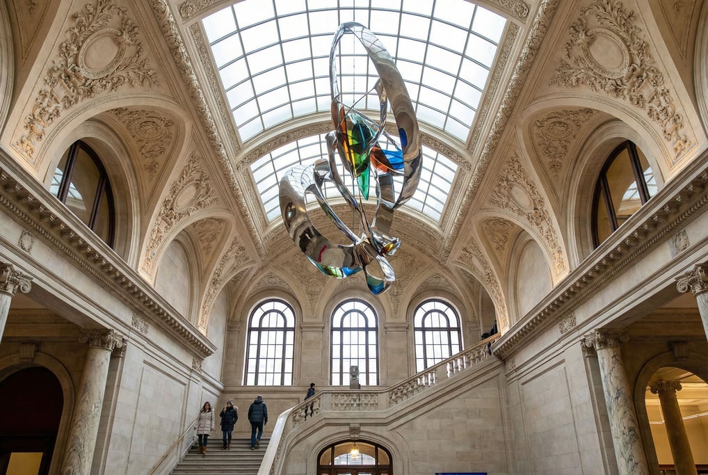 Double-height lobby with monumental art inside a city library