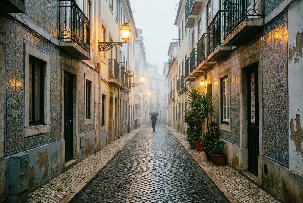 Narrow Lisbon tiled backstreet with cobblestones wet from recent rain reflecting warm light