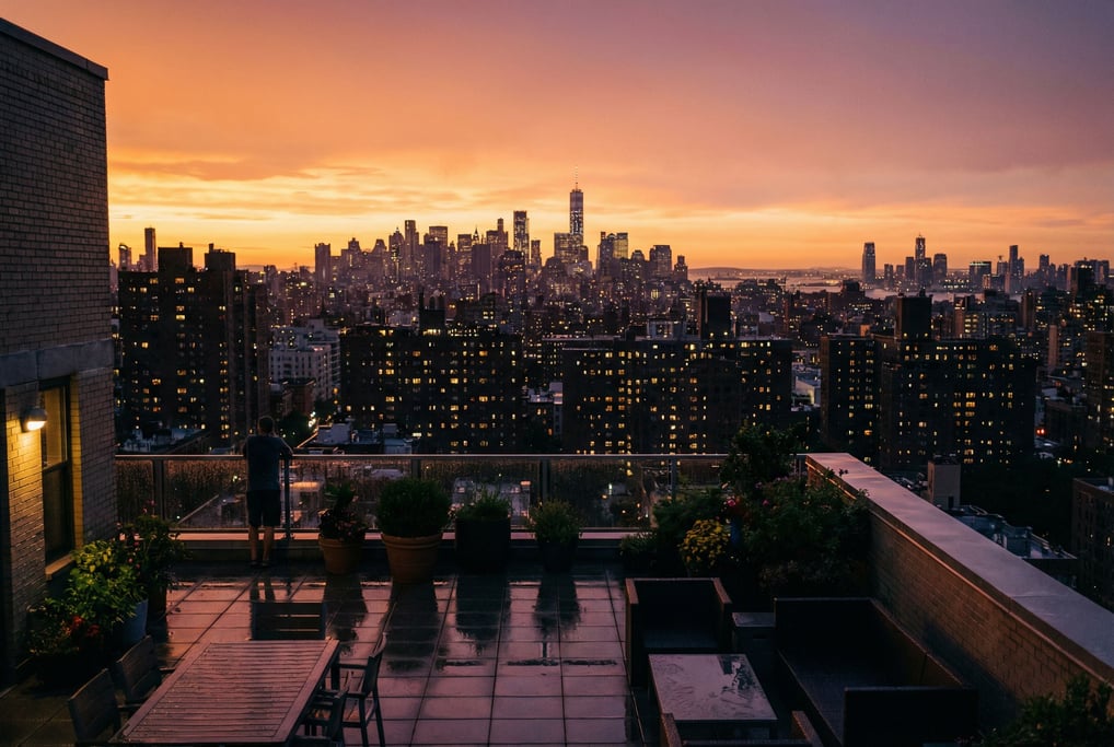 Distant city skyline seen from a residential rooftop terrace