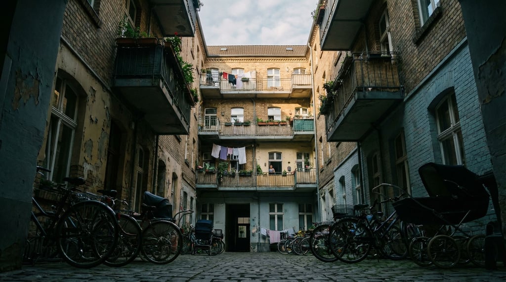 Looking up through a courtyard of a Berlin Hinterhof tenement