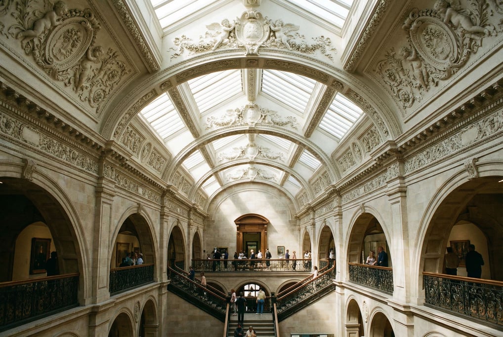 Vaulted gallery with skylights inside a university building