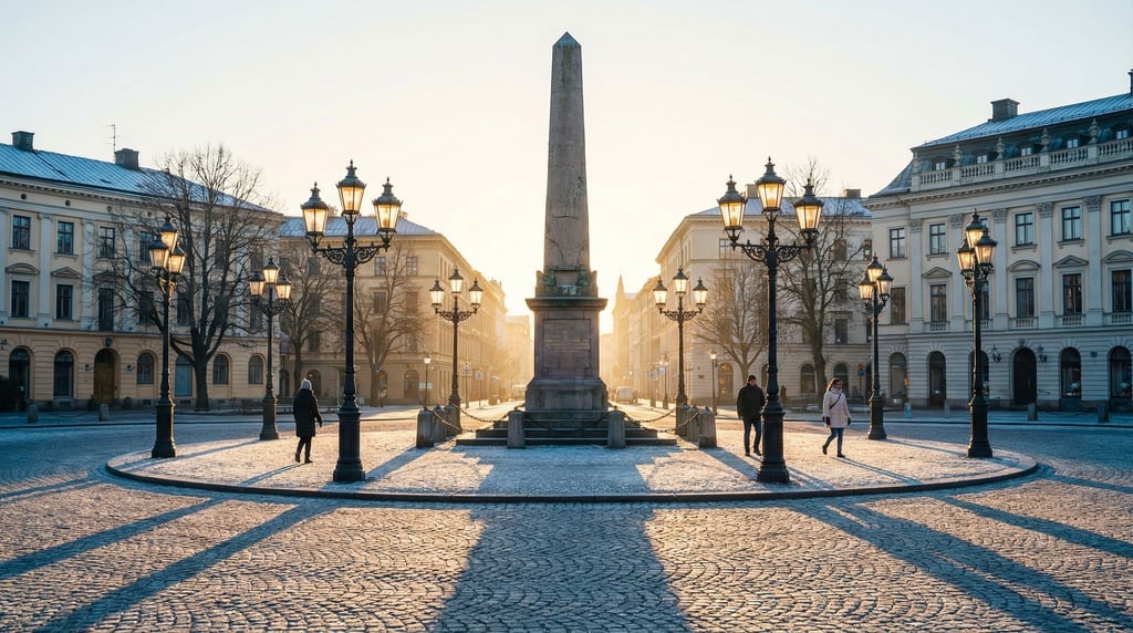 Circular plaza with an obelisk monument in a European city