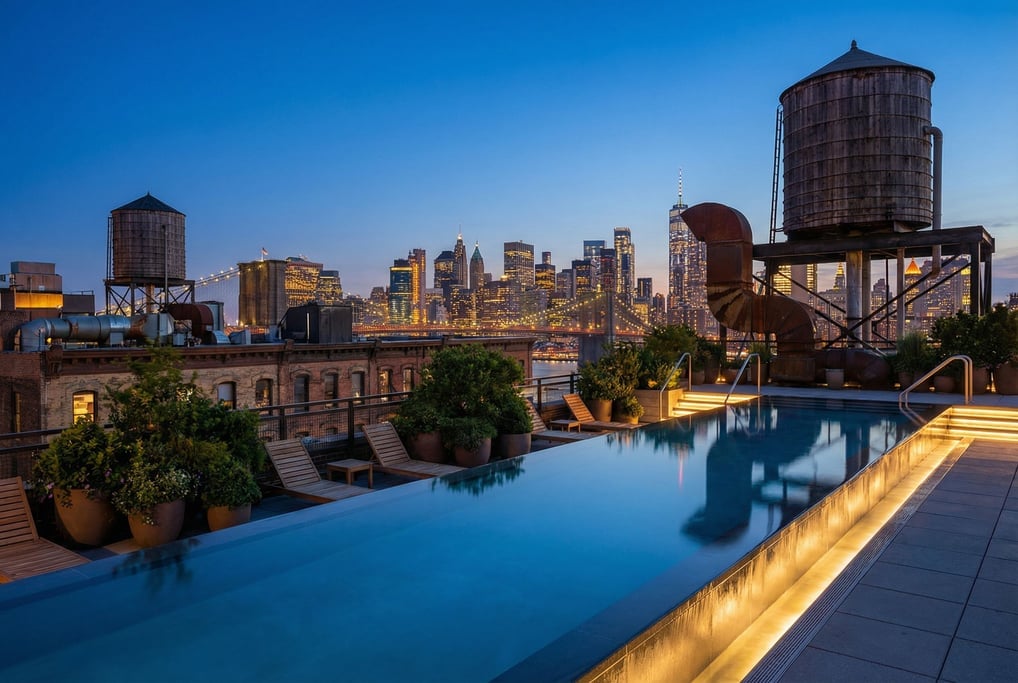 Rooftop pool deck overlooking downtown at dusk