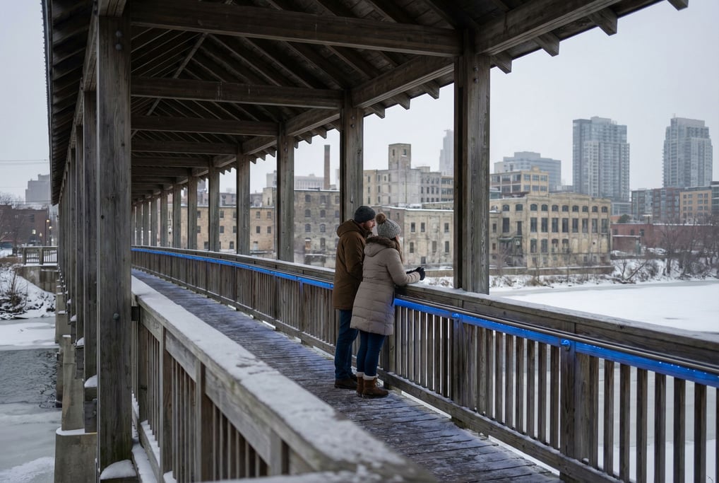 Covered wooden footbridge at overcast midday, LED handrail lighting glowing soft blue