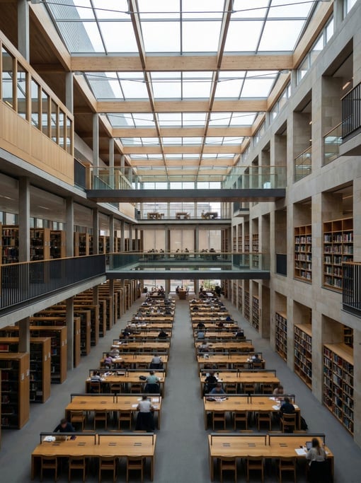 Grand reading room with rows of desks inside a university building