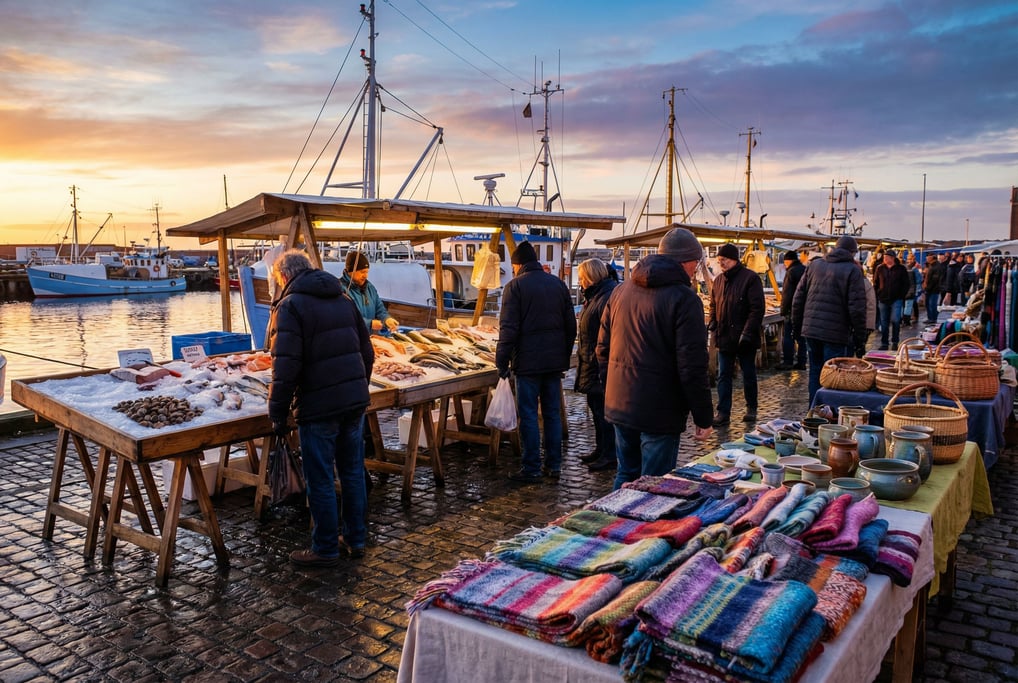 Fish market near the harbor with ice displays with handmade crafts and textiles