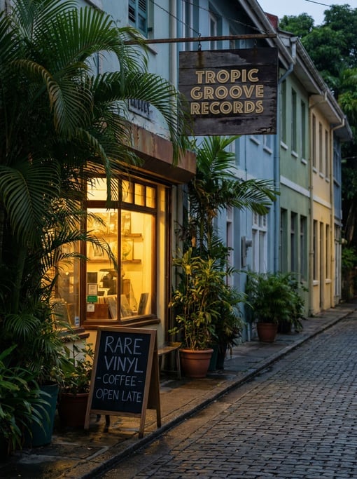 Vintage record store on a quiet tropical city side street