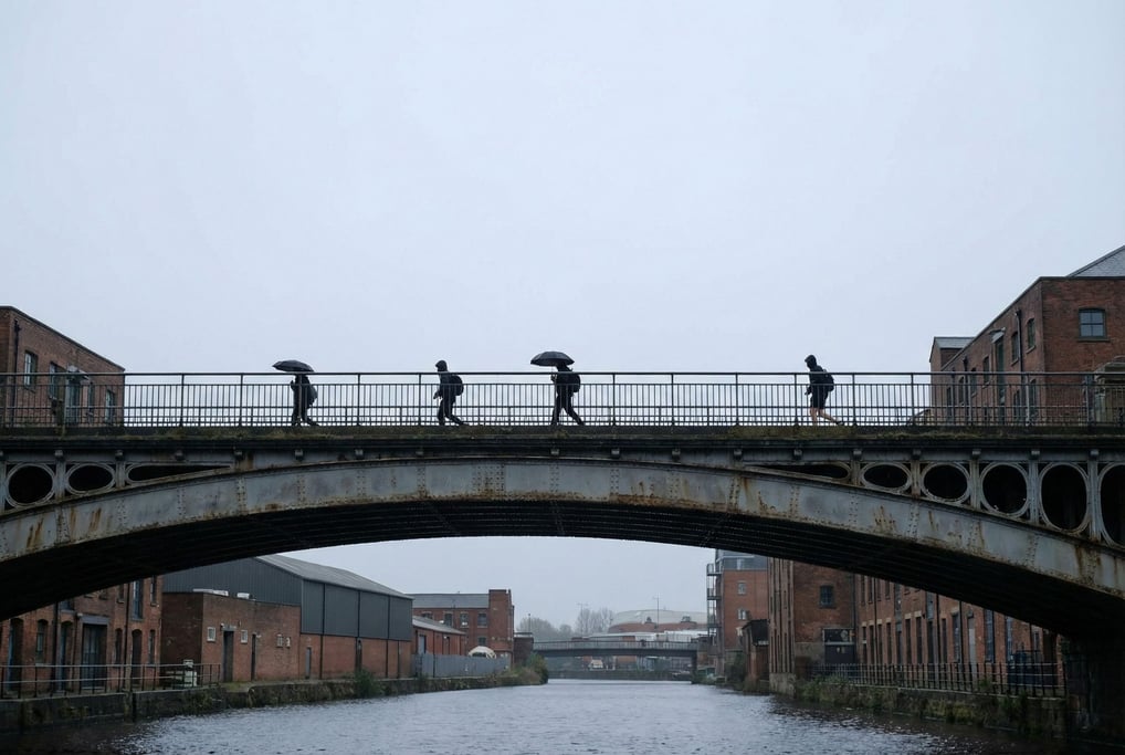 Cast iron Victorian bridge at overcast midday, riveted steel beams and industrial character
