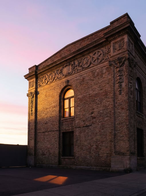 Exposed brick warehouse facade with ornate carved details catching side light, dawn