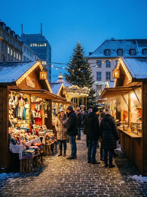 Christmas market with wooden chalets with handmade crafts and textiles
