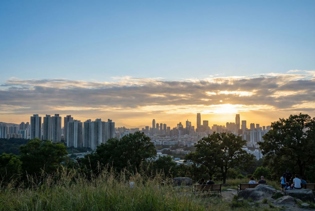 Distant city skyline seen from a hilltop park overlooking the city