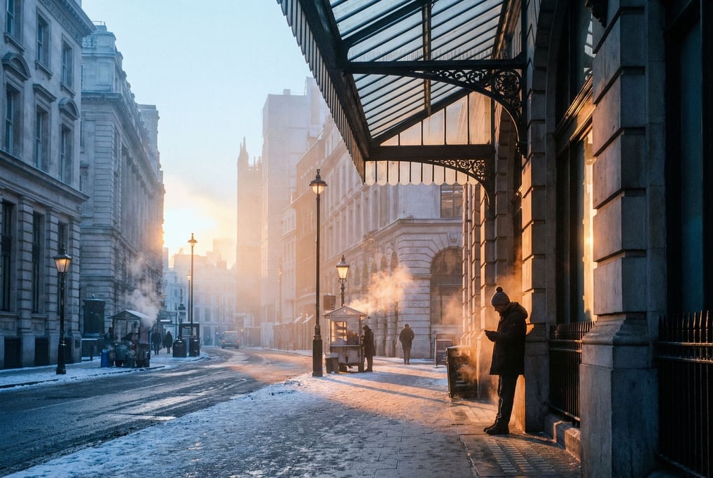 Cosmopolitan city street in winter light, low sun angle creating long shadows and cold blue sky