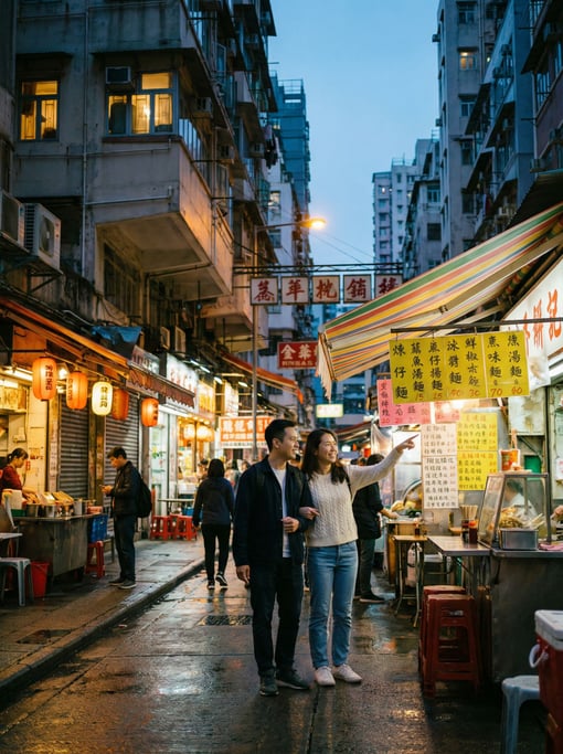 Narrow Hong Kong tong lau neighborhood street with colored awnings and hand-lettered menus