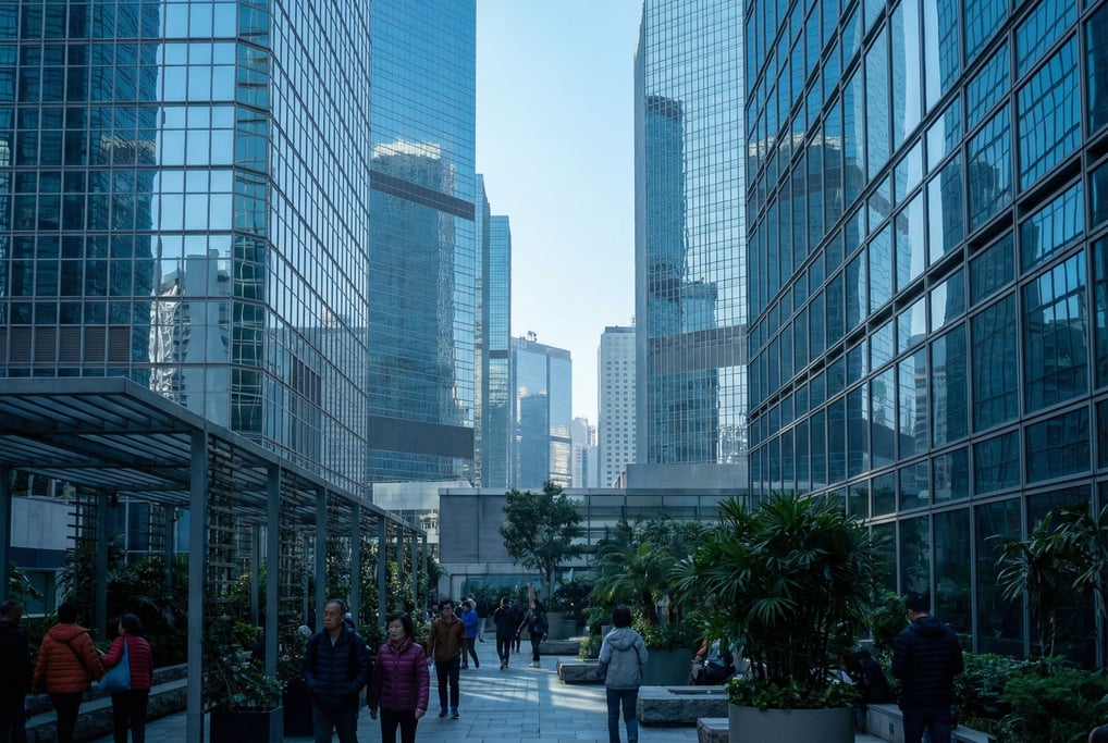 Public garden terrace between skyscrapers in a Hong Kong