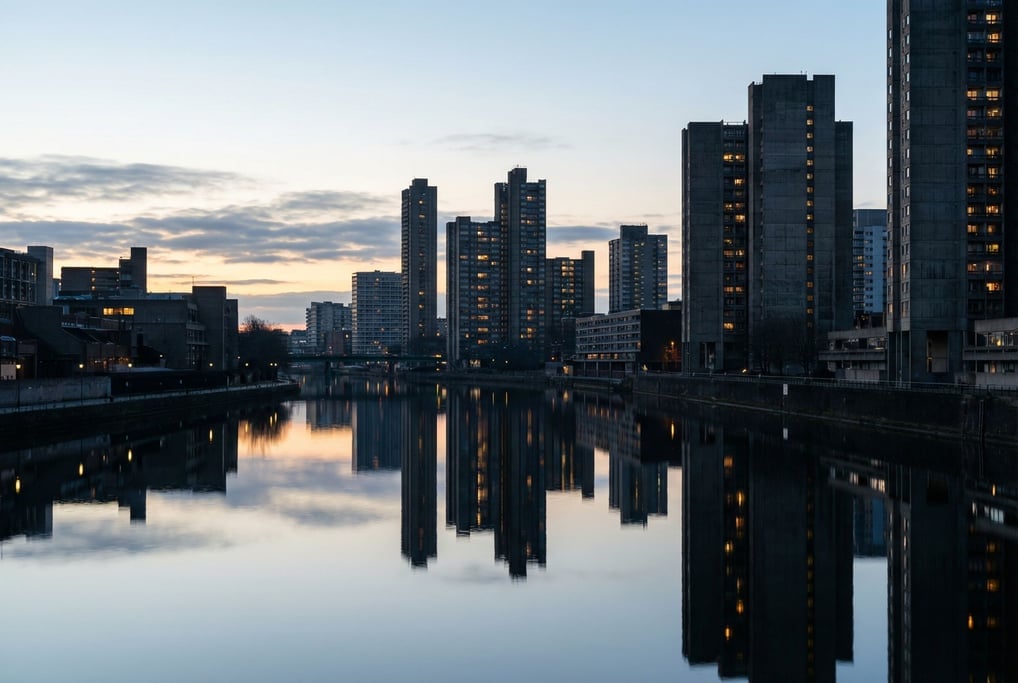 Brutalist concrete city skyline reflected in a calm river at early morning