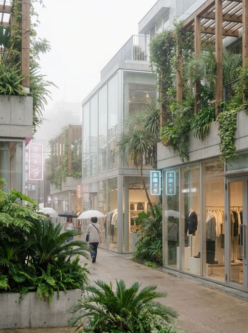 Pedestrian shopping street with boutiques in a Tokyo