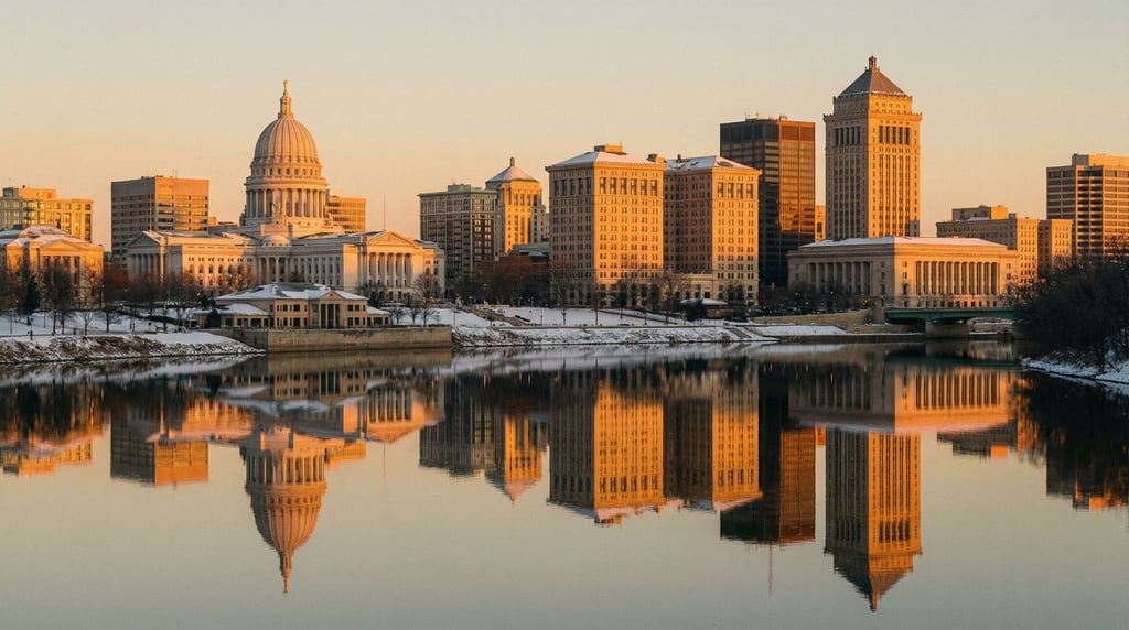 Neoclassical city skyline reflected in a calm river at golden hour