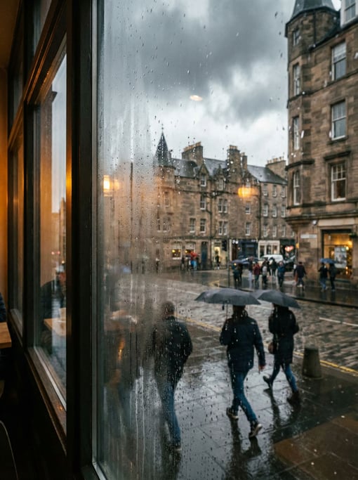 Looking out through a café window with slight condensation at a northern European city street