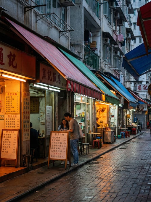 Narrow Hong Kong tong lau neighborhood street with colored awnings and hand-lettered menus