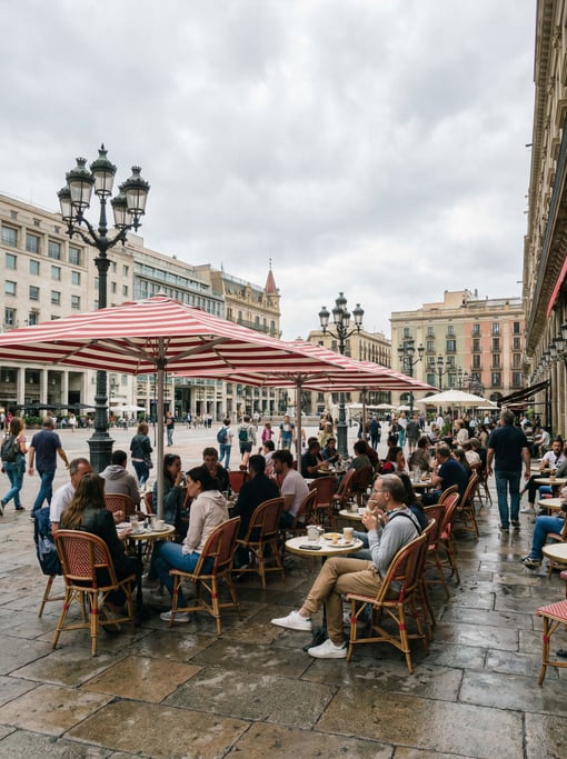 Outdoor café terrace on a cosmopolitan city square